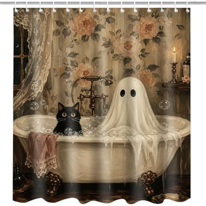Halloween Shower Curtain Black Cat Ghost Bathroom Decor 71x71in
