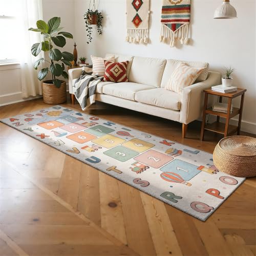 Kids Runner Rug 2x6ft Washable Hallway Carpet with Alphabets and Hopscotch - Color-7
