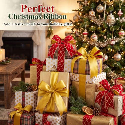 Diamond Grid Velvet Wired Christmas Ribbon - Red Gold Check, 2 Rolls, 2.76" x 10 Yards