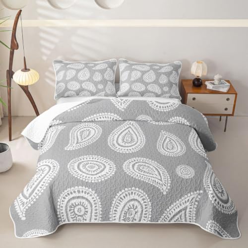 Gray Queen Size Quilted Bedspread Set with 2 Pillowcases - Manfei