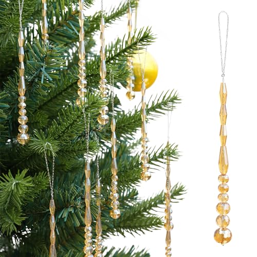 12PCS Crystal Icicle Christmas Tree Ornaments - Gold Glass Beads Hanging Decor