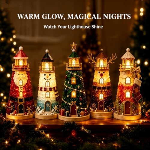 DIY Lighted Christmas Lighthouse Kit with Sea Glass Style Pieces & LED Lights - Variation B