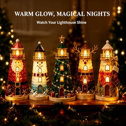 DIY Lighted Christmas Lighthouse Kit with Sea Glass Style Pieces & LED Lights - Variation B