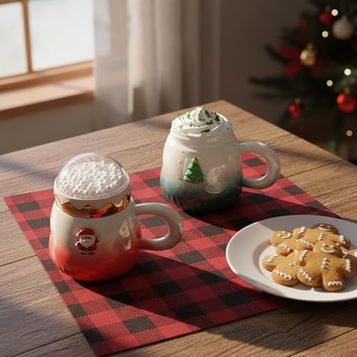 Christmas Coffee Mugs 2-Pack 15oz Ceramic with Snow Globe Lids - Red & Green Santa & Tree Gift Set