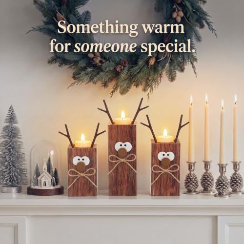 Set of 3 Rustic Wooden Reindeer Candle Holders for Christmas Decor