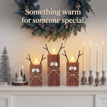 Set of 3 Rustic Wooden Reindeer Candle Holders for Christmas Decor