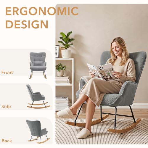 Nursery Glider Rocking Chair with Teddy Fabric & Solid Wood Base - Grey