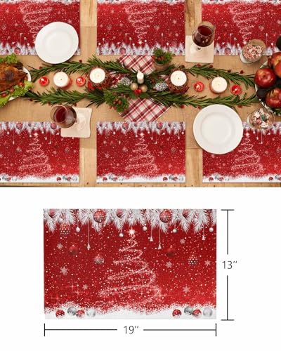 Christmas Cotton Linen Placemats Set of 6 - Red Sparkle Ornaments 13x19 Inches