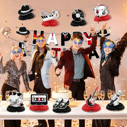 Retro Disco Party Decorations Set Black Red - Music Legend Birthday Supplies with Banner Honeycomb Centerpieces & Hanging Swirls