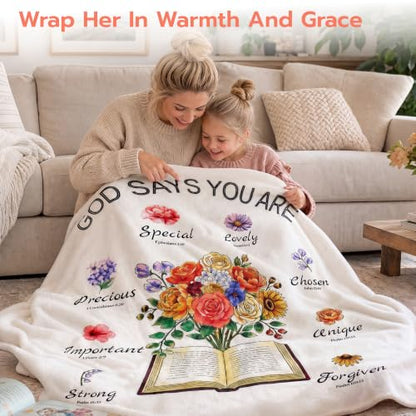 Christian Blanket for Women with Flowers - Religious Inspirational Gift - Bouquet-White Variation 50x60"