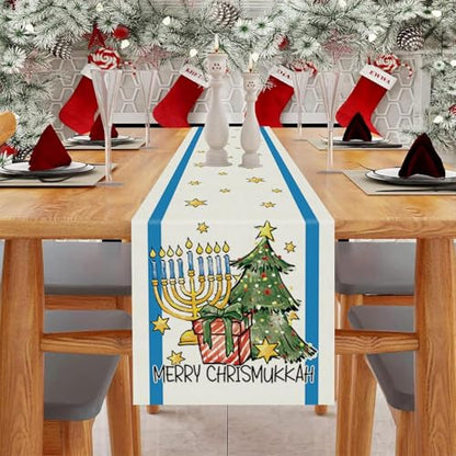 Jewish Christmas Table Runner Menorah Star of David Hanukkah Holiday Decor 13x36 Inch