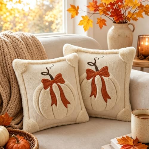 Big Pumpkin White Fall Decorative Pillow Covers 18x18 Set of 2 - Autumn Thanksgiving Halloween Home Decor