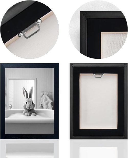 Funny Kids Bathroom Wall Decor - Black Framed Rabbit in Bathtub Canvas Art for Cute Farmhouse Style
