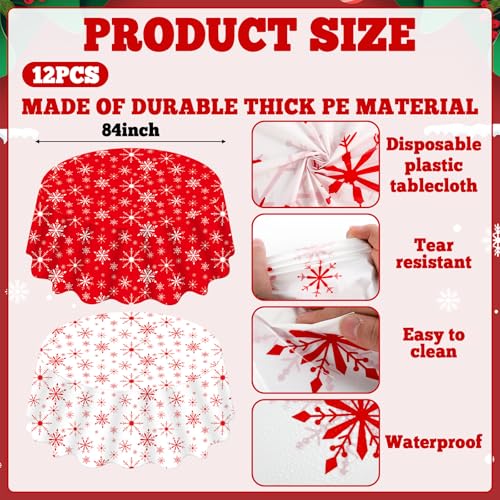 12 Pack Christmas Snowflake Tablecloths - Red & White, 80 Inch Round Plastic Holiday Table Cover - Winter Party Decor