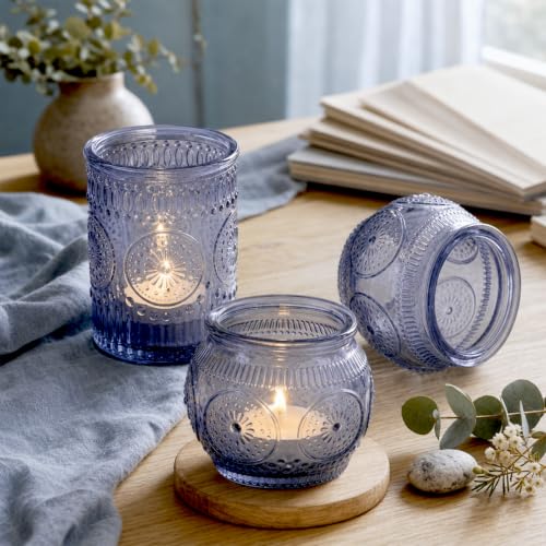 Blue Votive Candle Holders Set - 24 Pack with Vintage Sunflower Pattern