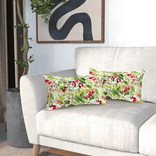 J-Green Christmas Watercolor Holly Lumbar Pillow Covers Set of 2 12x20 Inches Seasonal Decor