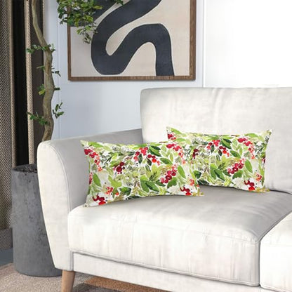 J-Green Christmas Watercolor Holly Lumbar Pillow Covers Set of 2 12x20 Inches Seasonal Decor