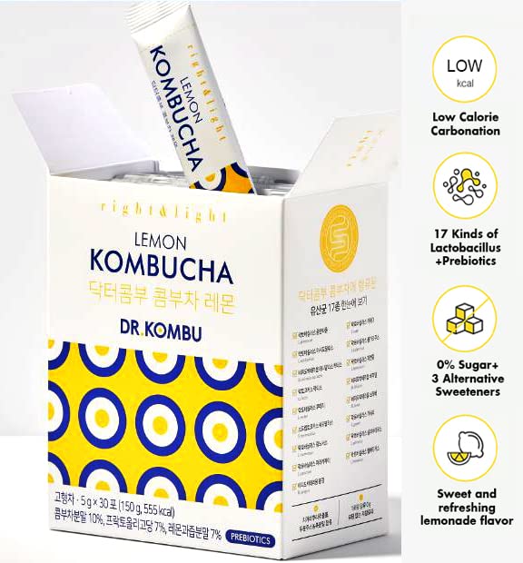 KOMBUCHA DRINK Lemon Kombucha Tea, 30 sticks x 5 grams, Zero Sugar, Health Ade, Sparkling Fermented Tea Powdered Mix, Live Probiotics & Prebiotics, Healthy Drinks, Product of Korea