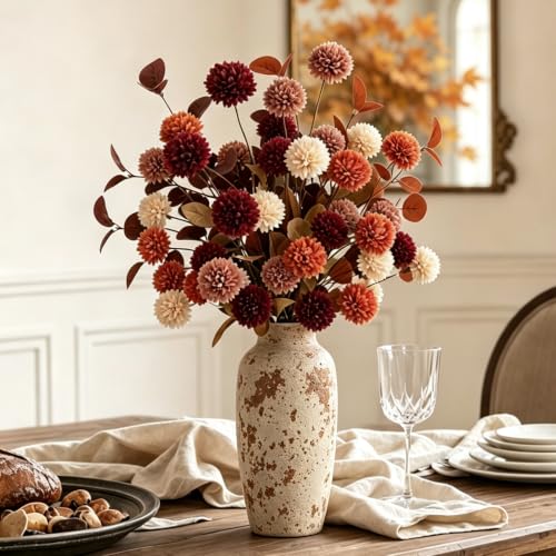 Fall Flowers Artificial Bouquet - 10 Pcs Fall Mums & Eucalyptus Stems - Autumn Home Decor