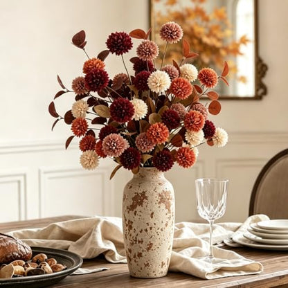 Fall Flowers Artificial Bouquet - 10 Pcs Fall Mums & Eucalyptus Stems - Autumn Home Decor