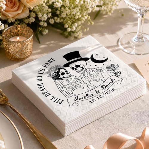 Personalized Gothic Skeleton Wedding Cocktail Napkins - Couple 1734 Halloween Wedding Decor