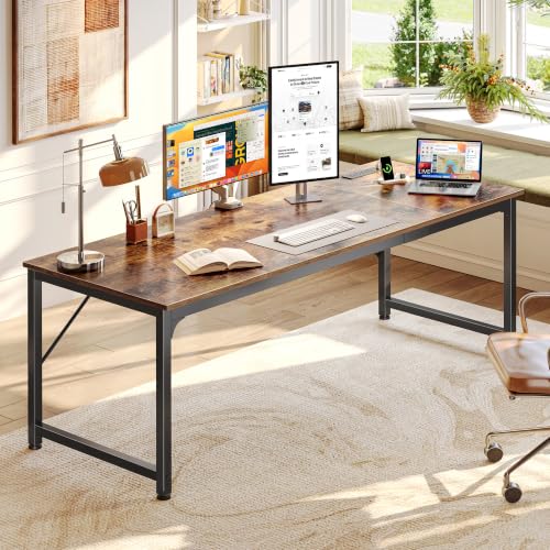 PRAISUN Rustic Brown 70 x 24 Inch Computer Desk with Power Outlets & USB-C - Reversible Setup