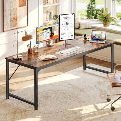 PRAISUN Rustic Brown 70 x 24 Inch Computer Desk with Power Outlets & USB-C - Reversible Setup
