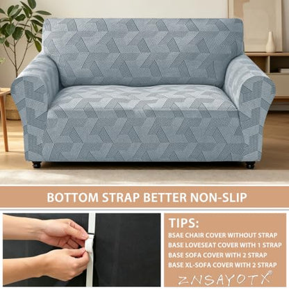Stretch Couch Cover for 2 Cushion Loveseat - Light Grey, Geometrical Jacquard, Medium (55-69")