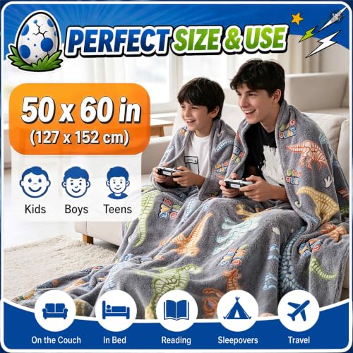 Dinosaur Glow in the Dark Blanket for Boys 50x60 Inches - Kids Bed & Travel Throw
