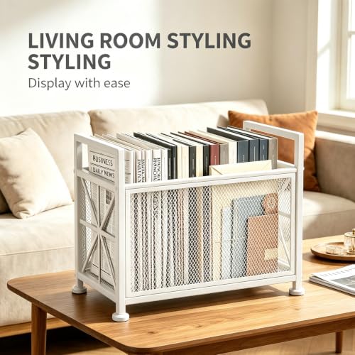 White Metal Floor Magazine Rack Freestanding Book Holder with Handles