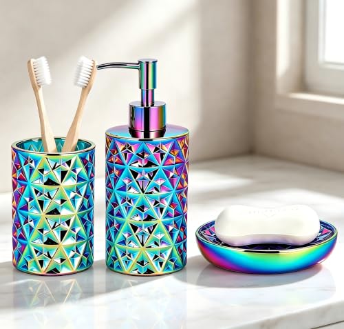 Rainbow Bathroom Accessories Set 3Pcs - Soap Dispenser, Soap Dish, Vase - Gold