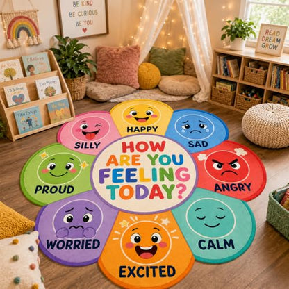 Kids Emotions Classroom Rug - Flower Shape Feelings Chart Floor Mat for Circle Time