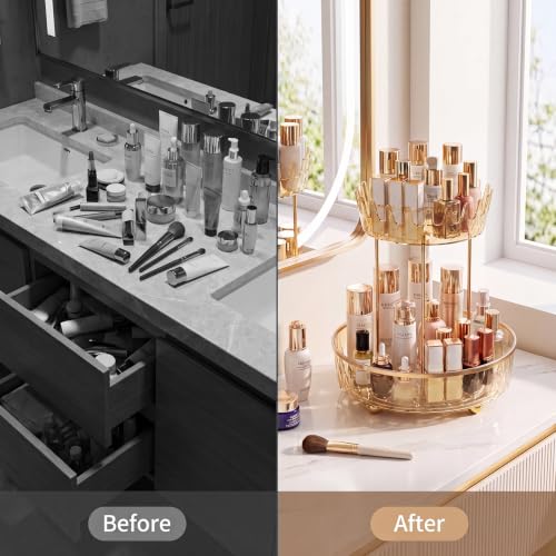 Transparent Gold 2-Tier Rotating Makeup Organizer for Vanity & Bathroom