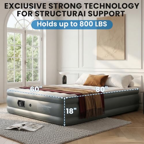 Queen Air Mattress with Built-In Pump - 18 Inch Raised Inflatable Bed for Camping & Home (Grey)