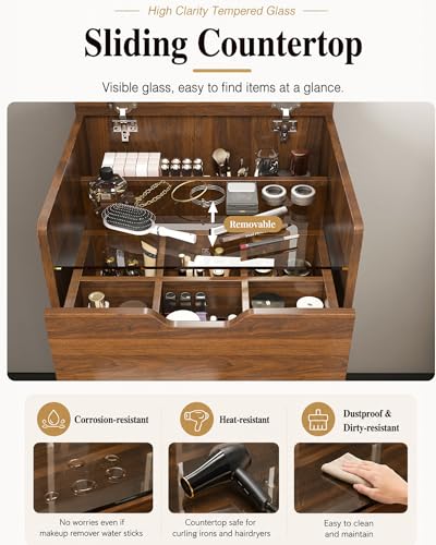 Walnut 23.6" 3-In-1 Makeup Vanity Desk with Flip Top Mirror & Light - Sliding Glass Top, Jewelry Organizer, Hidden Stool