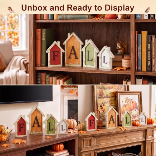 Fall Wooden House Signs Set - Rustic Farmhouse Autumn Decor for Table Mantel Kitchen