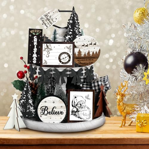 FairySandy Christmas Tiered Tray Decor Set Santa Style 15 Pcs Wooden Signs