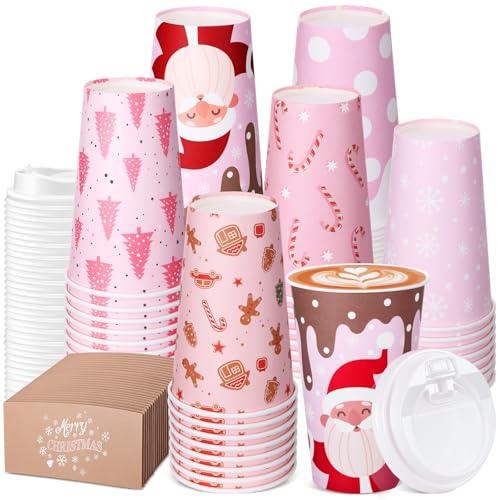 60 Pack Christmas Coffee Cups with Lids & Sleeves - 16 oz Festive Holiday Design Snowflakes Santa Gingerbread Polka Dots