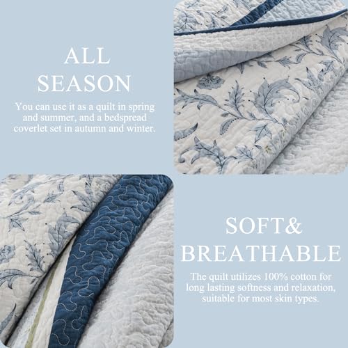 Oversized King Cotton Quilt Set with 2 Pillow Shams, Floral Design, Navy/Light Blue/White