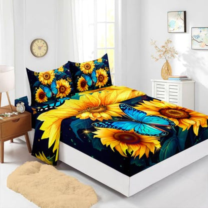 Twin Sunflower Printed Sheet Set for Kids & Teens - 4Pcs, Microfiber