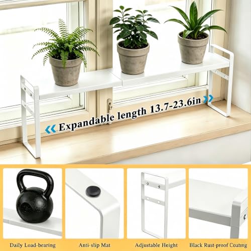 Expandable White Window Sill Plant Shelf - Narrow Adjustable Kitchen & Bathroom Organizer, Stackable Shelves