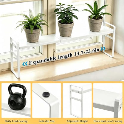 Expandable White Window Sill Plant Shelf - Narrow Adjustable Kitchen & Bathroom Organizer, Stackable Shelves