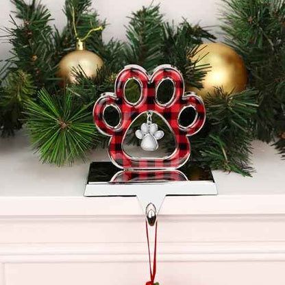Hooqict Dog Paw Christmas Stocking Holder with Pendant for Mantel 3D Silver Metal Mantel Buffalo Plaid Stocking Holder Fireplace Decorations Christmas Stocking Hanger for Christmas Table Decor