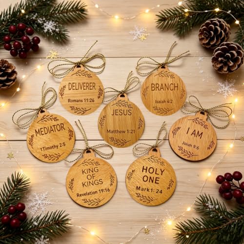 25PCS Wooden Names of Jesus Christmas Ornaments - Rustic Religious Holiday Decorations