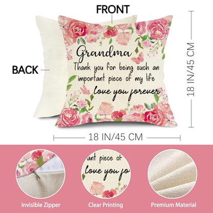 Grandma Gift Pillow Cover 18x18 Floral Butterfly Love Throw Pillowcase - Pink