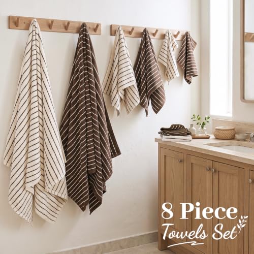 Brown and Ivory 8-Piece Cotton Towel Set - Striped Bath Towels & Washcloths