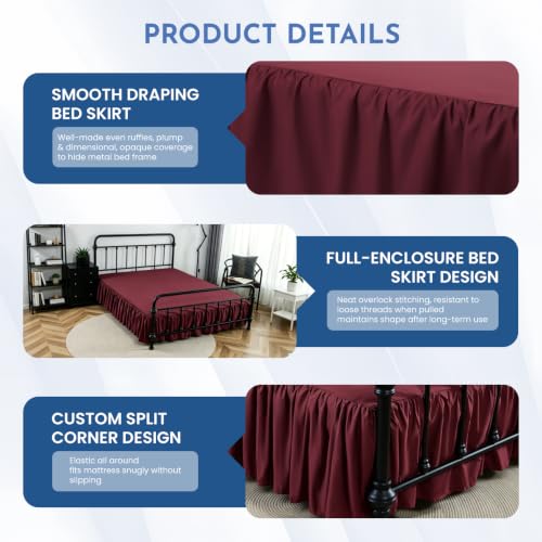 King Size Ruffled Bed Skirt with Split Corner - 14 Inch Drop, Wine Red