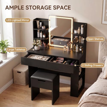 Vanity Desk with LED Mirror and 3-Color Lighting – 35.4" Bedroom Vanity Set with 2 Drawers & Open Shelves, Black