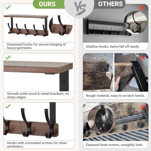 Rustic Wall Coat Rack Shelf with 5 Dual Hooks for Entryway & Home