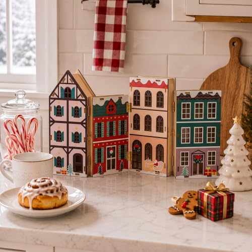 Foldable Wooden Christmas Village Decor with Built-in LED Lights - Rustic Holiday Scene